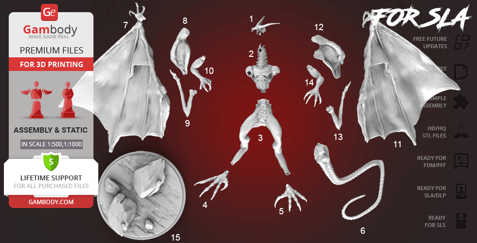 3D model parts of Bahamut from Final Fantasy, displayed for assembly and 3D printing instructions.