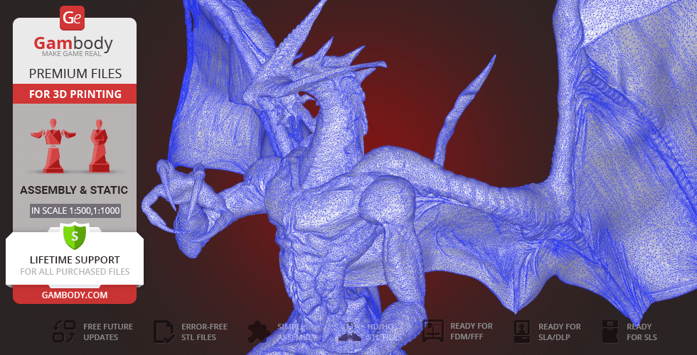 3D model of a dragon-like creature with wings and horns, designed for 3D printing from Gambody.