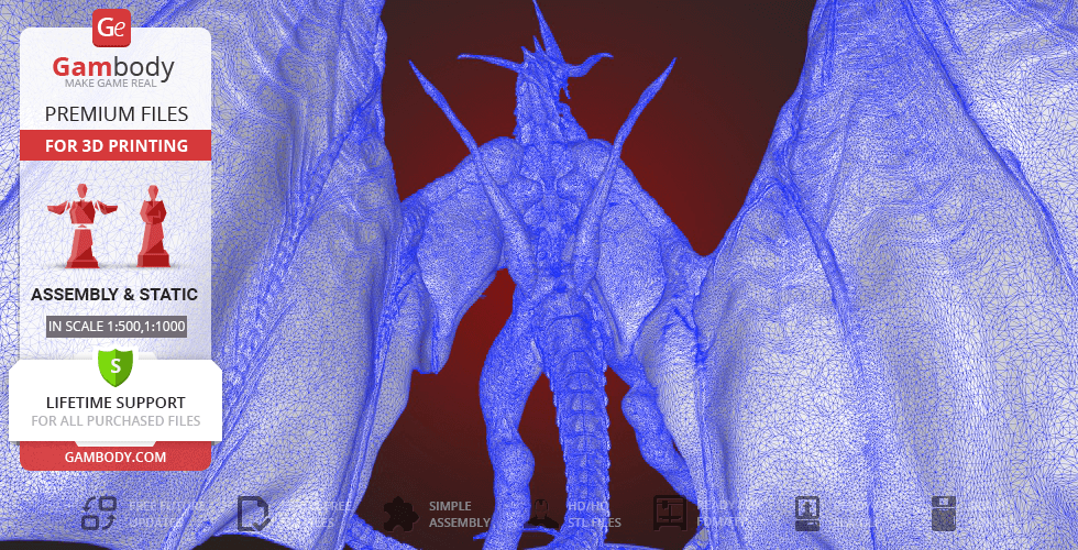 A detailed 3D model of Bahamut from Final Fantasy, designed for 3D printing, showcasing its intricate wings and features.