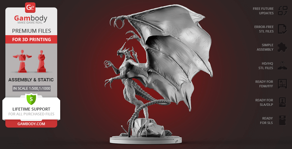 A detailed 3D model of Bahamut from Final Fantasy, with large wings and a dynamic pose for printing.