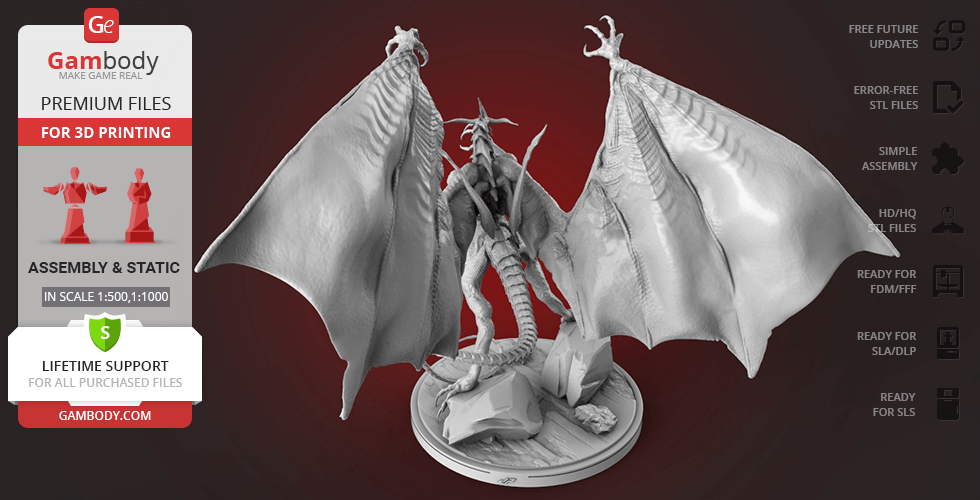 A 3D model of Bahamut from Final Fantasy, featuring large wings and a dynamic pose, ready for 3D printing.
