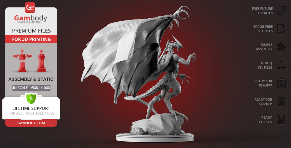 A detailed 3D model of Bahamut from Final Fantasy, with large wings and dynamic pose, ready for 3D printing.