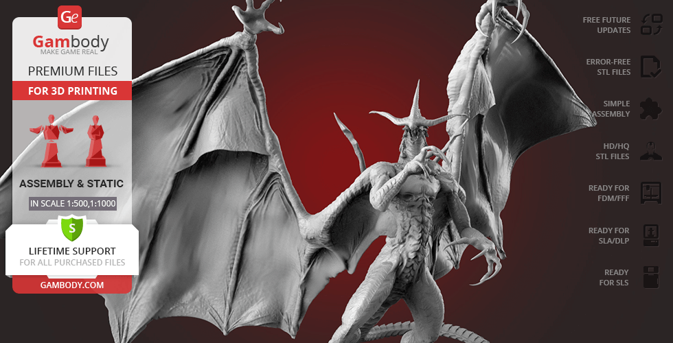 A detailed 3D model of Bahamut from Final Fantasy, featuring large wings and a menacing pose.