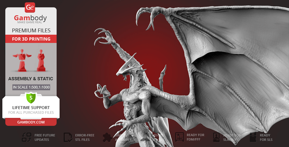 A detailed 3D model of Bahamut from Final Fantasy, designed for 3D printing, showing wings and intricate features.