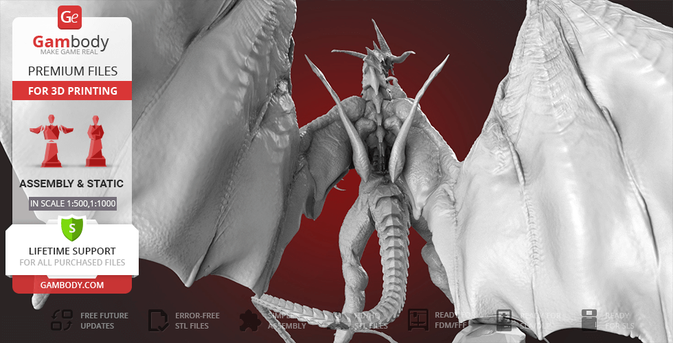 3D model of Bahamut from Final Fantasy with detailed wings and scales, designed for 3D printing.