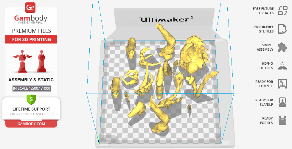 STL files of Bahamut from Final Fantasy displayed as multiple 3D printable pieces on grid.