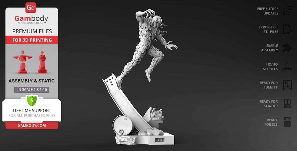 A dynamic 3D printed model of a creature with tendrils, posed on a base with industrial elements.