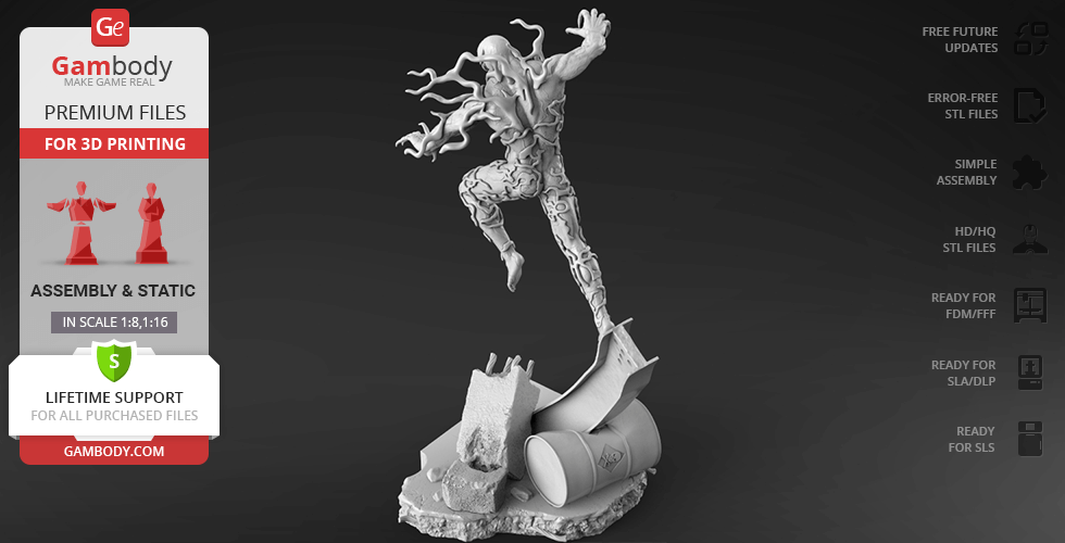 A dynamic 3D model of a muscular figure with tendrils, posed for 3D printing.