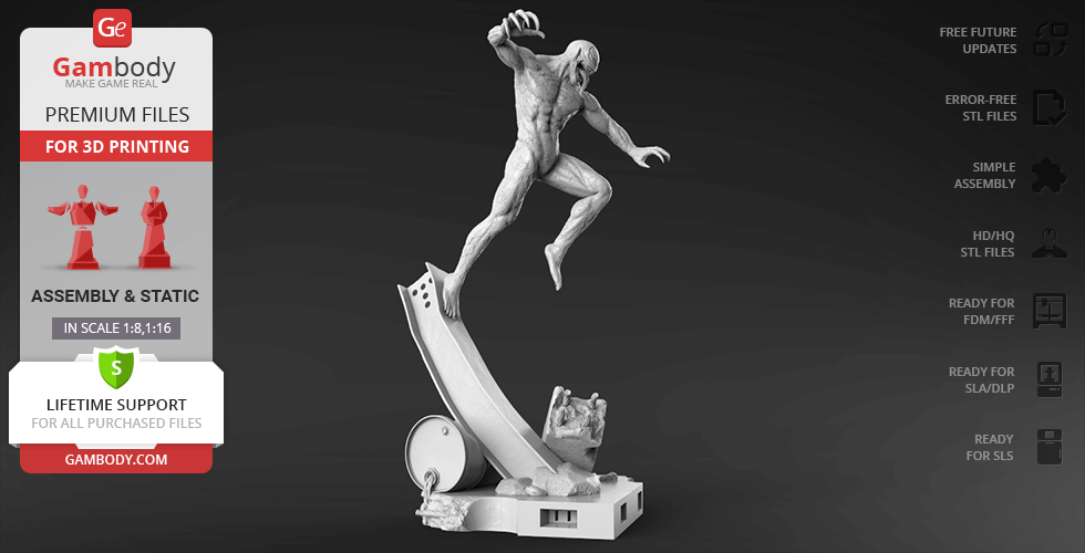 A dynamic 3D model of Venom leaping from a base, designed for 3D printing.