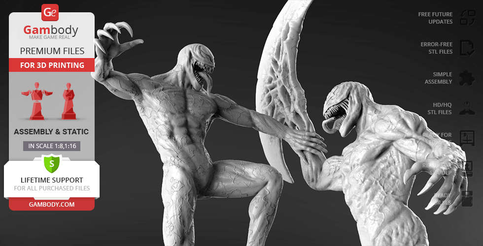 Two dynamic, muscular creature models with open mouths and raised arms, ready for 3D printing.
