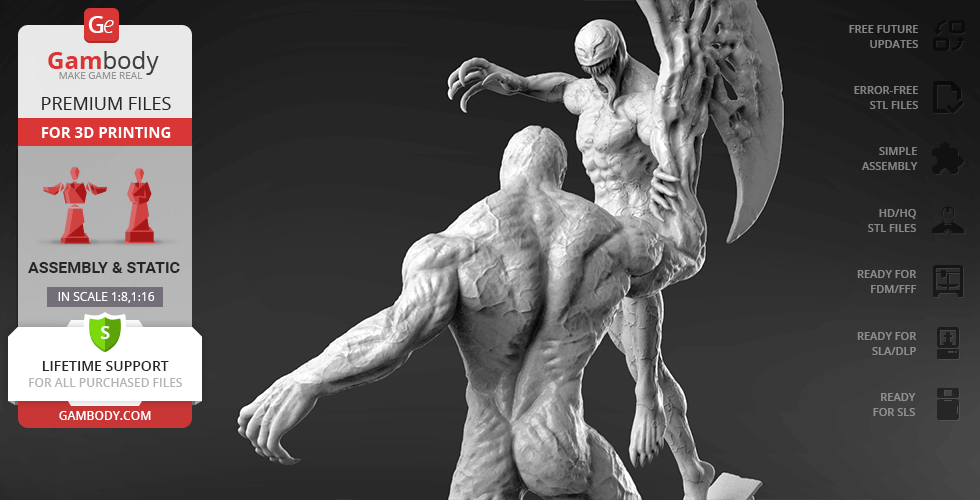 Two muscular, textured figures in a dynamic pose, one with large wings, ready for 3D printing.