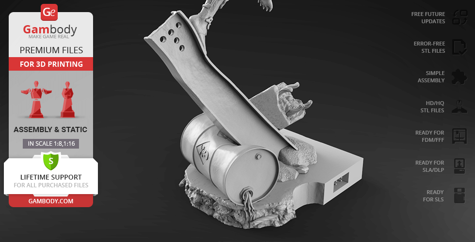 Venom-themed 3D printable model featuring dynamic pose on industrial debris base.