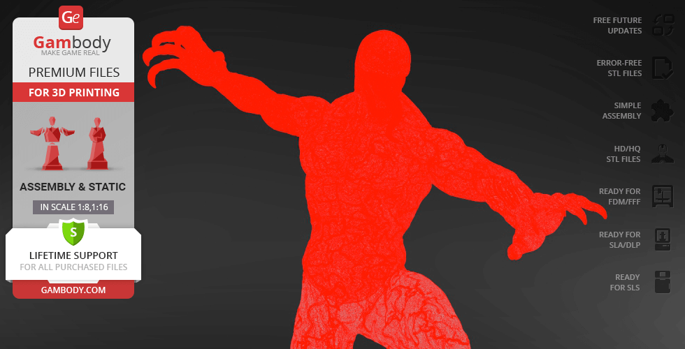Silhouette of a muscular figure with extended claws, indicating a 3D model file for printing.