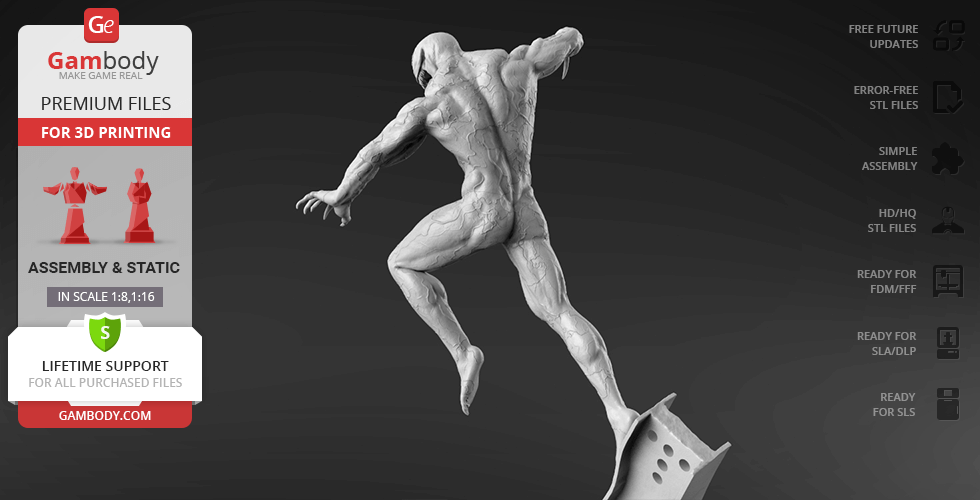 A muscular creature model leaping forward, ready for 3D printing, displaying detailed textures.