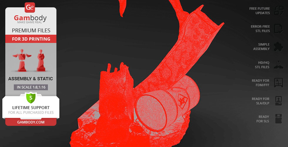 A red 3D model of a muscular figure's torso and arms, designed for 3D printing, with promotional text overlay.