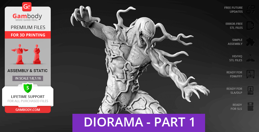 A menacing creature with tendrils extended, ready for 3D printing. Text and icons detail features and support.
