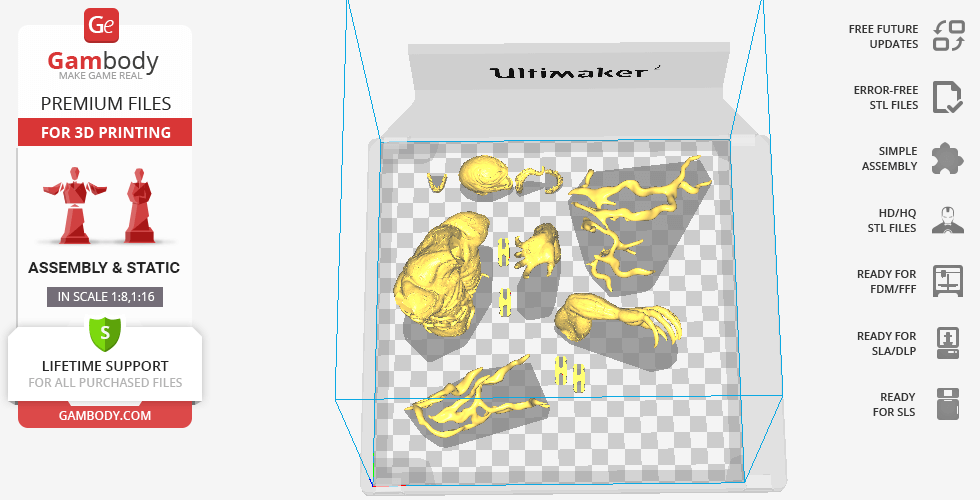 Separated yellow 3D model parts for Venom, displayed on a checkered grid for 3D printing setup.