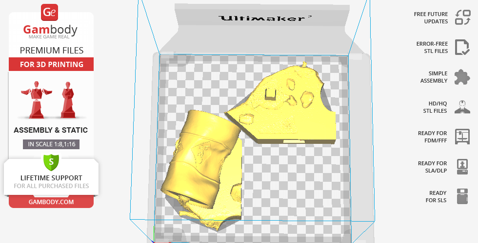 3D model pieces for Venom, set up for printing on Ultimaker; yellow STL files display fragment details.