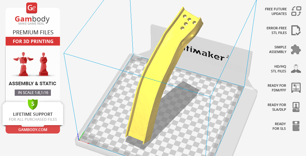 A 3D printing interface displaying a yellow, curved object part on a checkered build platform.