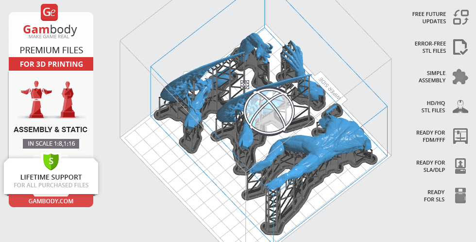 3D model of a character's parts with supports on a print bed, ready for 3D printing.