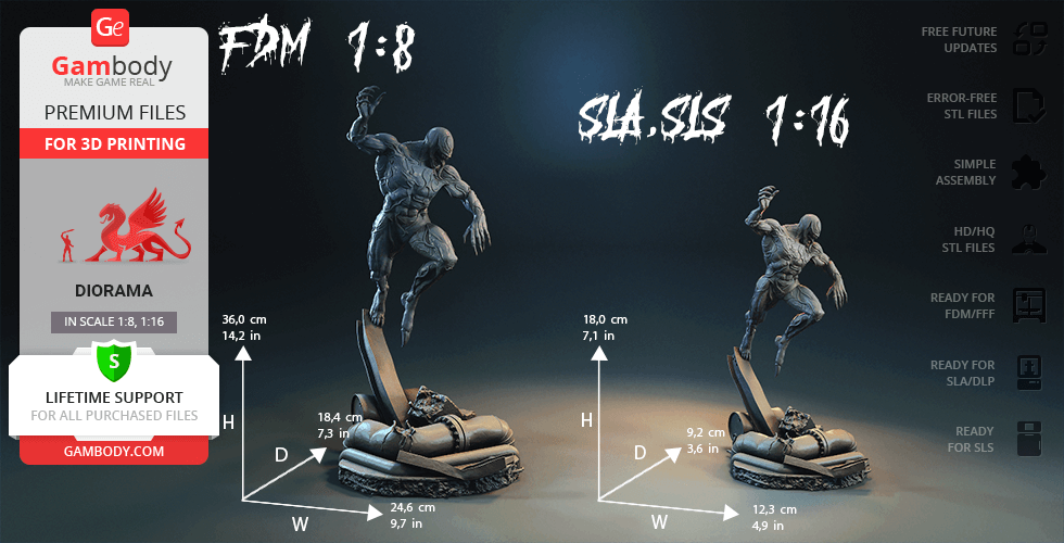 3D model of Venom standing on a detailed base, suitable for 3D printing in different scales.