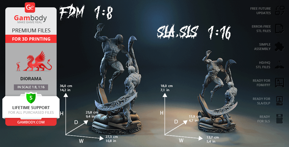 A detailed 3D model of a muscular creature in action pose, available in two scales for printing.
