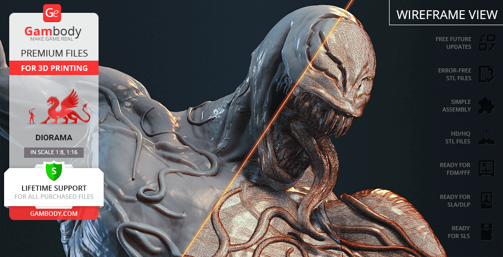 A detailed 3D model of a muscular, alien-like creature with tendrils and sharp teeth, ready for printing.