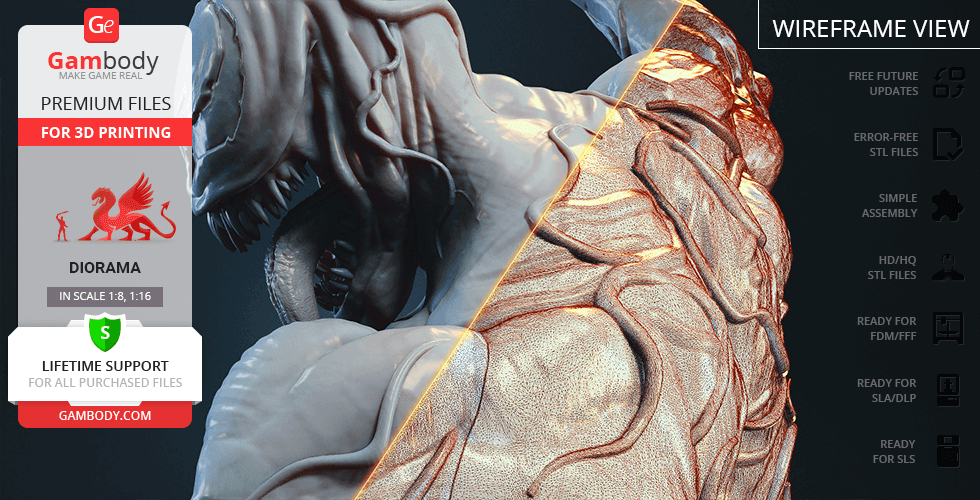 3D model of a muscular, alien-like creature with a split view showing detailed texture and wireframe.