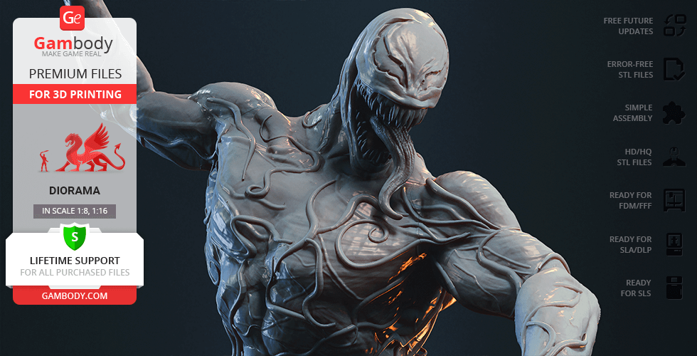 Detailed 3D model of Venom, showcasing muscular build and tendrils, available for 3D printing.