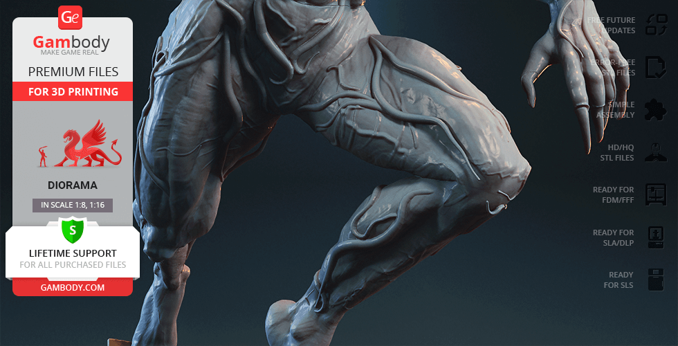 Sculpted Venom figure showcasing muscular detail, designed for 3D printing, from Gambody.