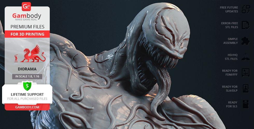 A 3D model of a muscular creature with a toothy grin and extended tongue, suited for 3D printing.