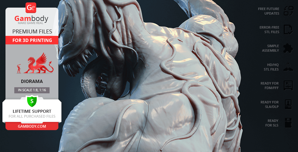 A detailed 3D model of a muscular, monstrous figure with sharp teeth and tendrils, designed for 3D printing.