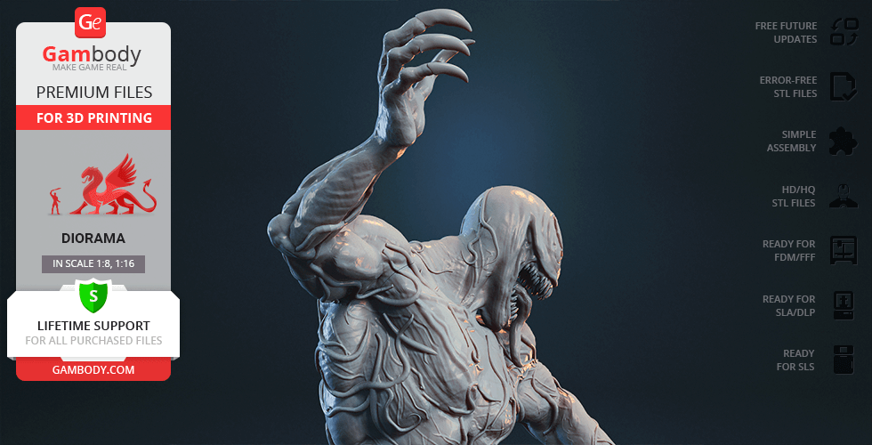 A detailed 3D model of a muscular creature with an elongated tongue and sharp teeth, suited for 3D printing.