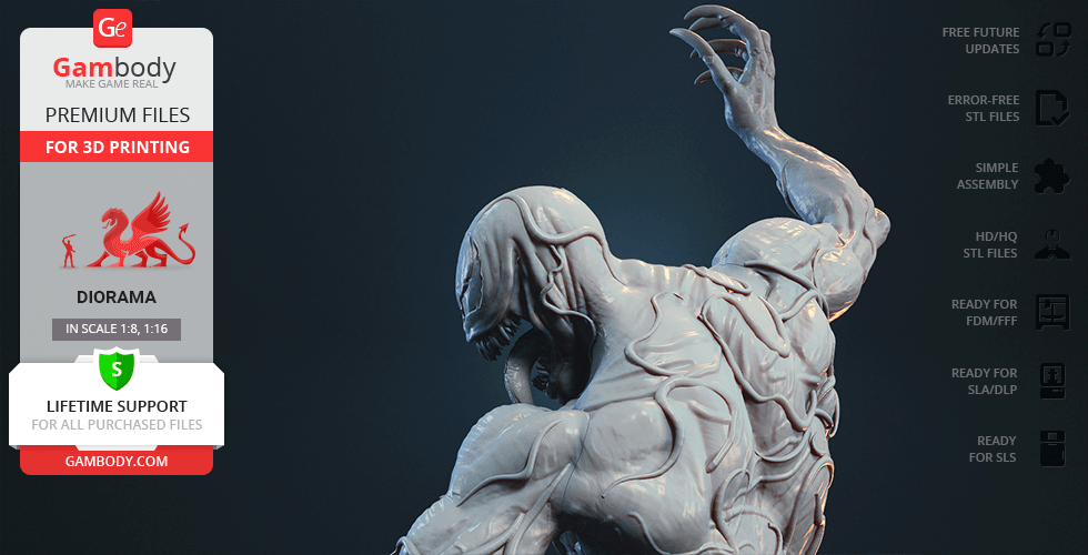 A detailed 3D model of a muscular, creature-like figure with raised arm, optimized for 3D printing.