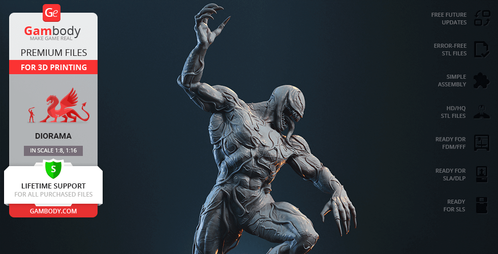 3D model of a muscular creature with sharp teeth and tendrils, posed dynamically, ready for 3D printing.