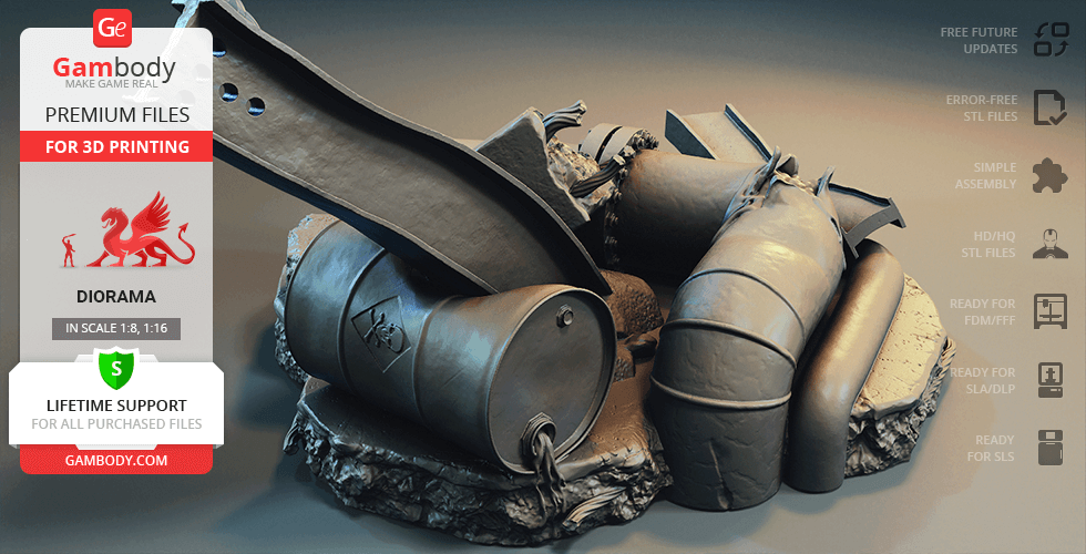 Metallic pipes and debris arranged on a rocky base, designed for a Venom-themed diorama 3D print.