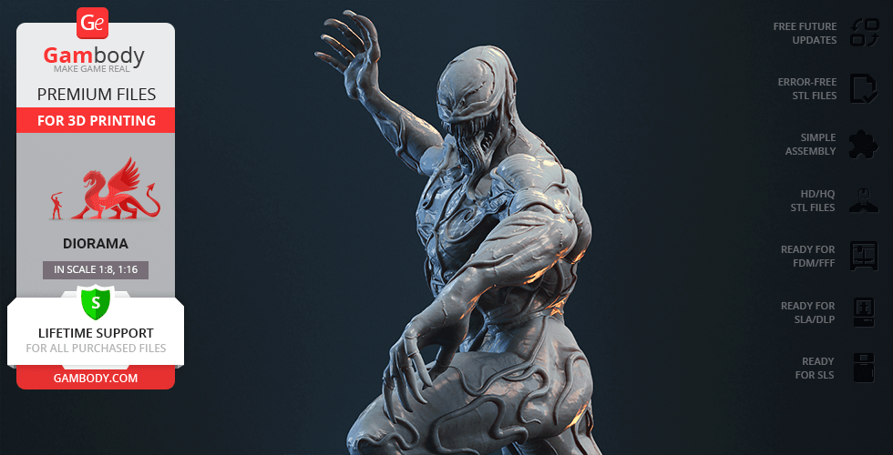 A detailed 3D model of a muscular creature with sharp features and tendrils, designed for 3D printing.