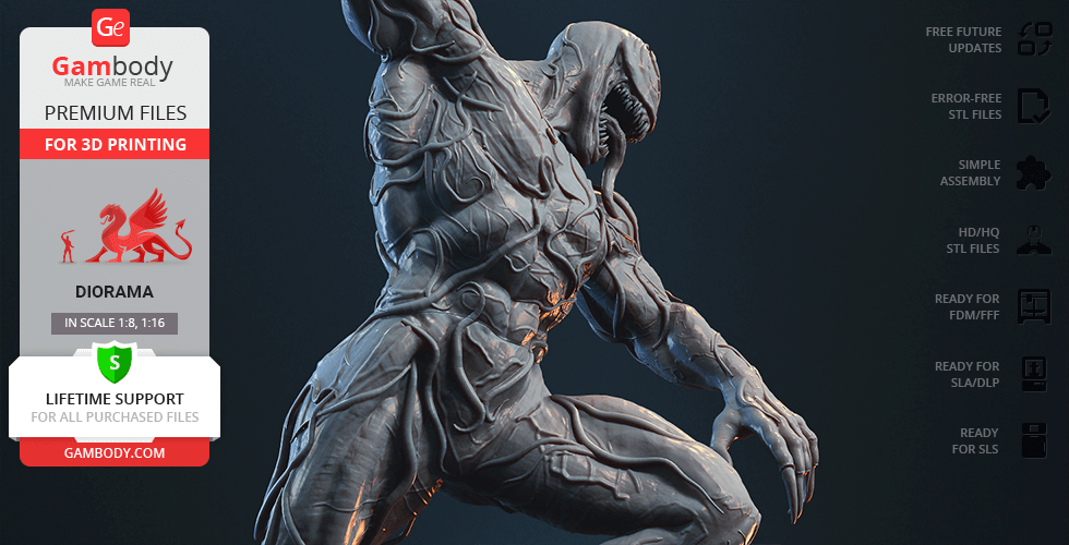 A detailed, muscular creature with an elongated head and open mouth, designed for 3D printing.