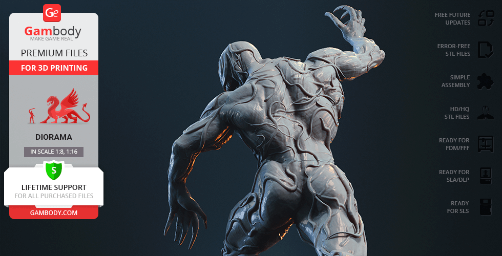 A muscular, textured creature in mid-motion, designed for 3D printing, with promotional text alongside.