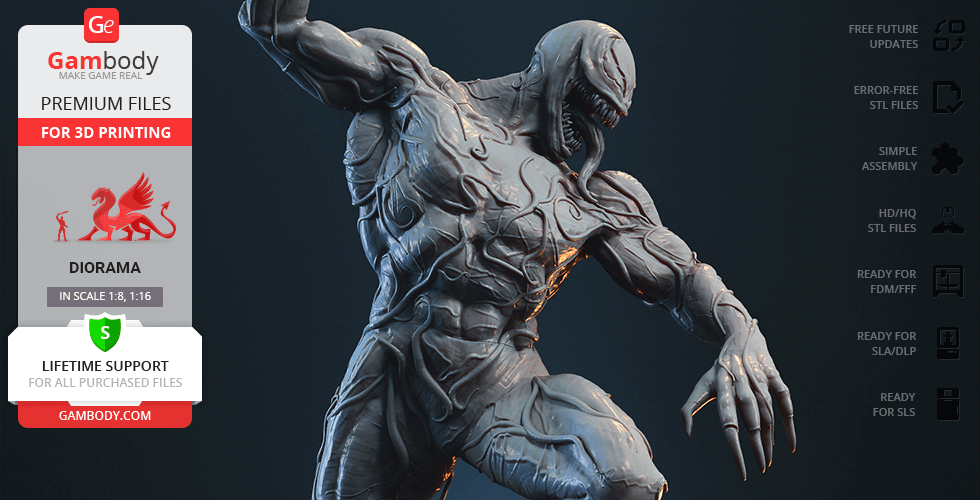 A muscular, menacing creature with sharp teeth is posed dynamically for 3D printing.