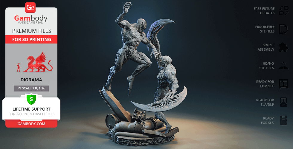 Two muscular characters in dynamic battle poses on a detailed base, designed for 3D printing.