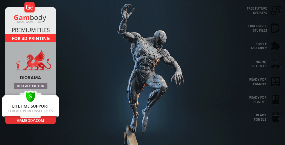 Dynamic 3D model of Venom mid-action pose for 3D printing.