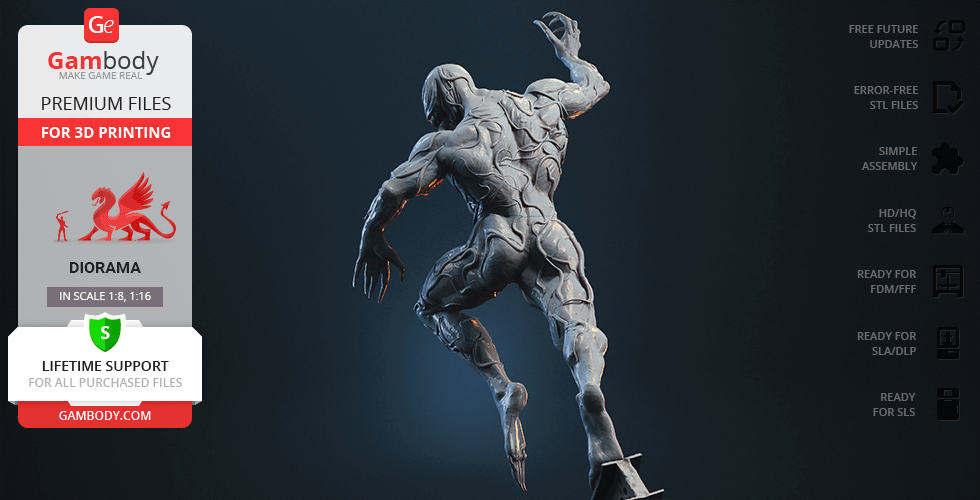 A sculpted 3D model of a muscular, symbiotic character in a dynamic pose, ready for 3D printing.