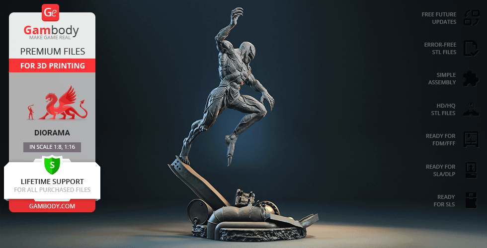 A dynamic 3D model of a muscular figure in motion on a detailed base, designed for 3D printing.