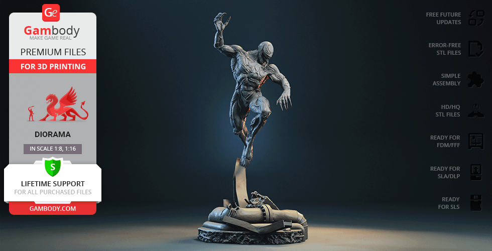 3D model of a muscular, dynamic character with claws, poised on a detailed base for 3D printing.