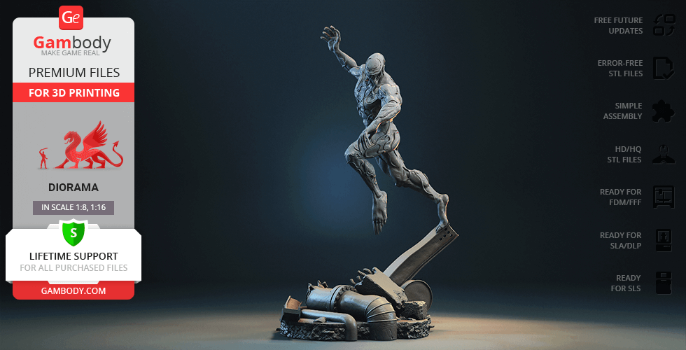 A dynamic 3D model of a muscular figure leaping over industrial debris, designed for 3D printing.