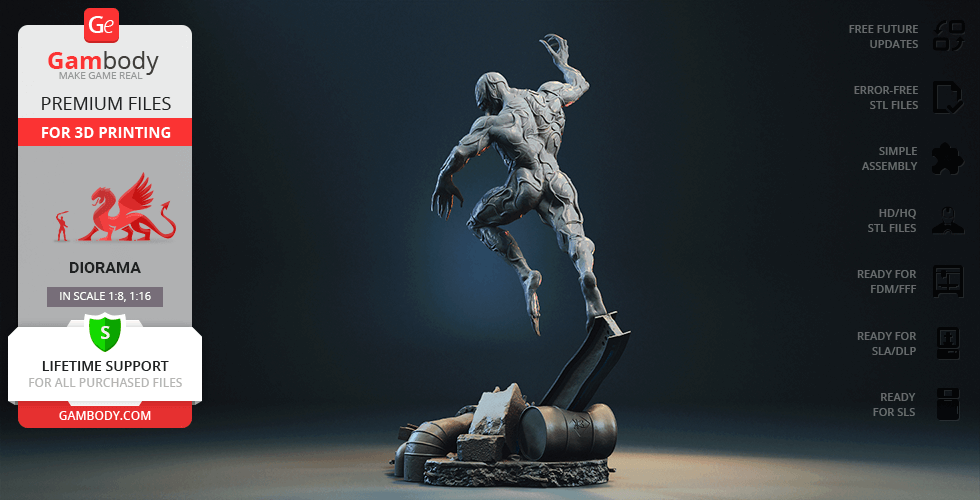3D model of a muscular creature in a dynamic pose, ready for 3D printing by Gambody.
