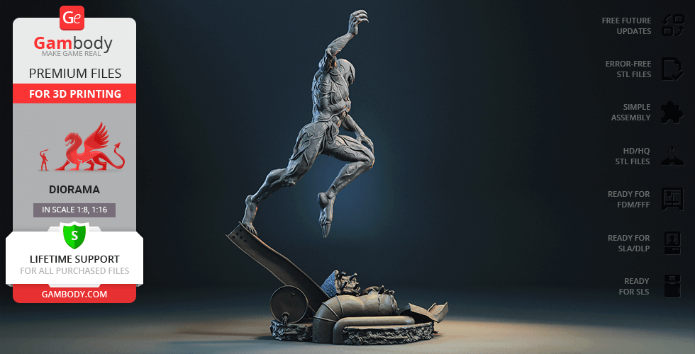 A dynamic 3D model of a muscular figure in a crouched stance on a themed base for 3D printing.