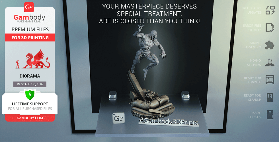 A dynamic 3D model of a creature poised on a rocky base, ready for 3D printing, with promotional text.