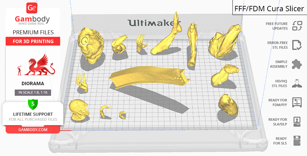 3D printable parts for Venom model on a virtual Ultimaker build plate in Cura slicer.